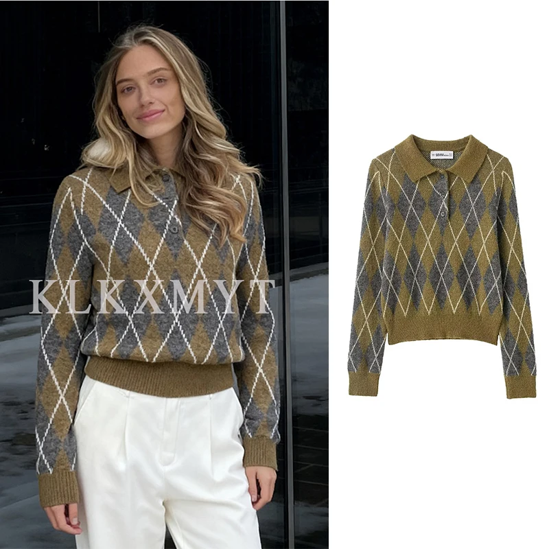 

Женский свитер, пуловер, осень-зима 2022, модный женский свитер с длинными рукавами и принтом Argyle, элегантный уличный топ