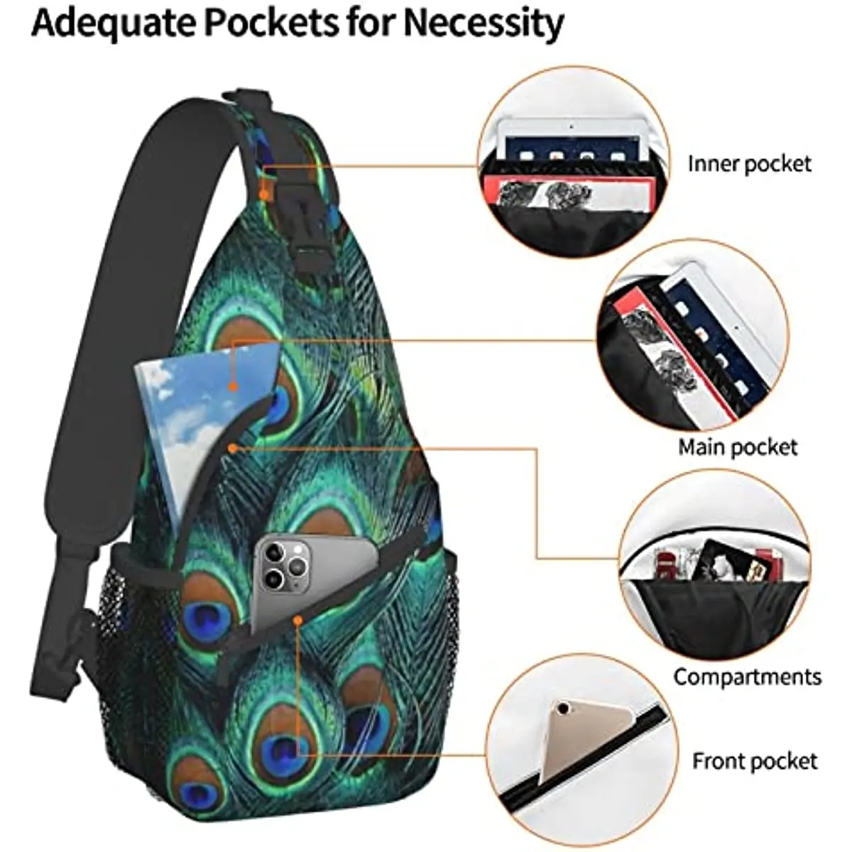 Peacock Feather Sling Bag Crossbody Backpack Hiking Travel Daypack Chest Bag Shoulder Bag for Women Men