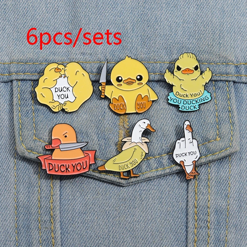 6pcs/sets Little Yellow Duck Enamel Pins Funny Cartoon Duckling Backpack Hat Lapel Badge Creative Animal Cute Metal Brooches