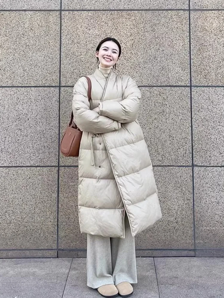 

New Chinese Style Long Knee-Length Khaki Cotton Jacket Women's Winter Thickened Outerwear Comfortable Elegant Fashionable