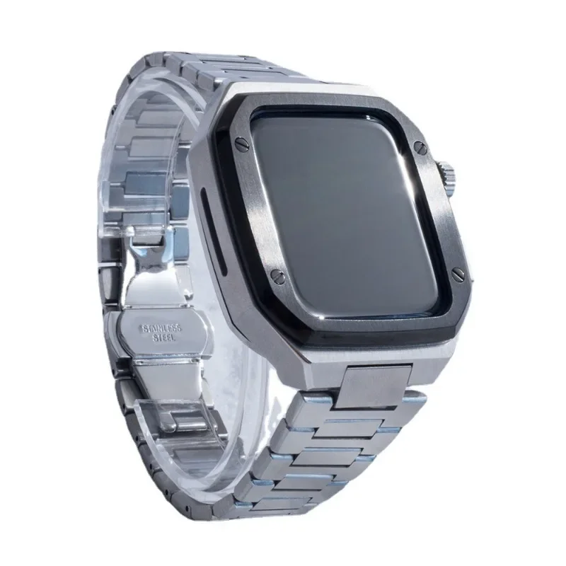 アップルウォッチ用の一体型ステンレススチールストラップ付きメタル保護ケース,Apple Watch 5,6,7,8世代に適しています