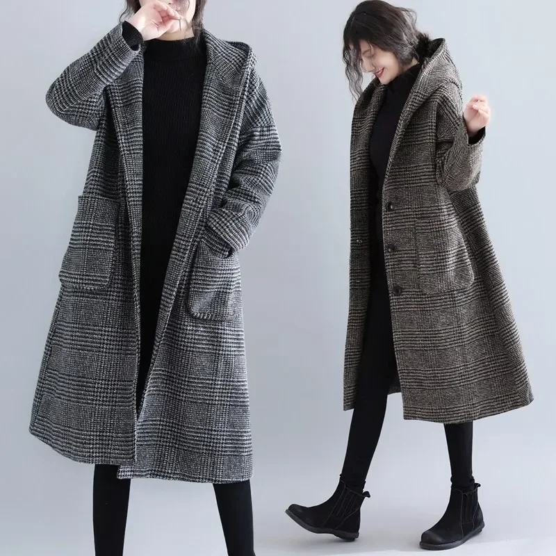 

Thickened Winter Coat Full Sleeve Outerwear Fall Winter plus Size Women's Korean Artistic Plaid Loose Slimming Woolen Jacket