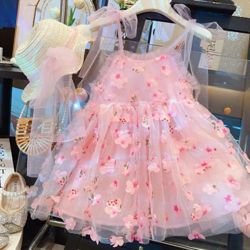 

2025 New Western Style Summer Pink Sweet Floral Full Print Splicing Mesh Strap Skirt