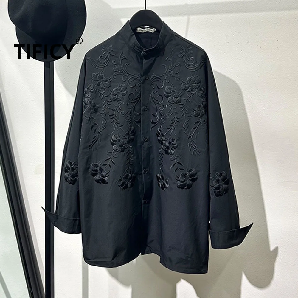

High Street Tees Tshirt Men's Dark and Fashionable Loose Embroidered Print Stand Up Collar Button Long Sleeved Shirt Top