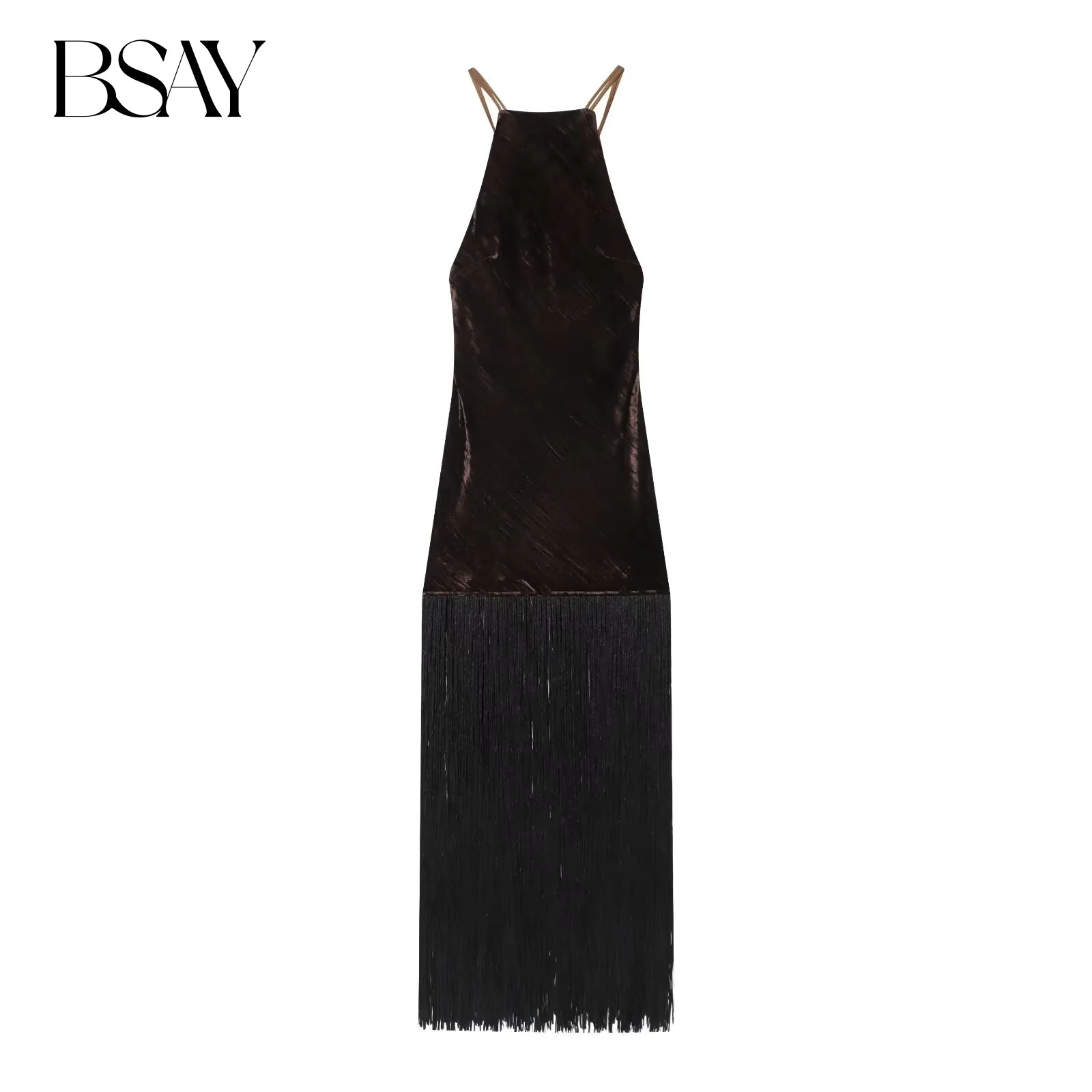 BSAY Quaste Samt Kleid Frauen Mode Herbst Winter Neue sexy Backless Sling Midi Kleider Französisch Chic Weibliche Abend Kleidung
