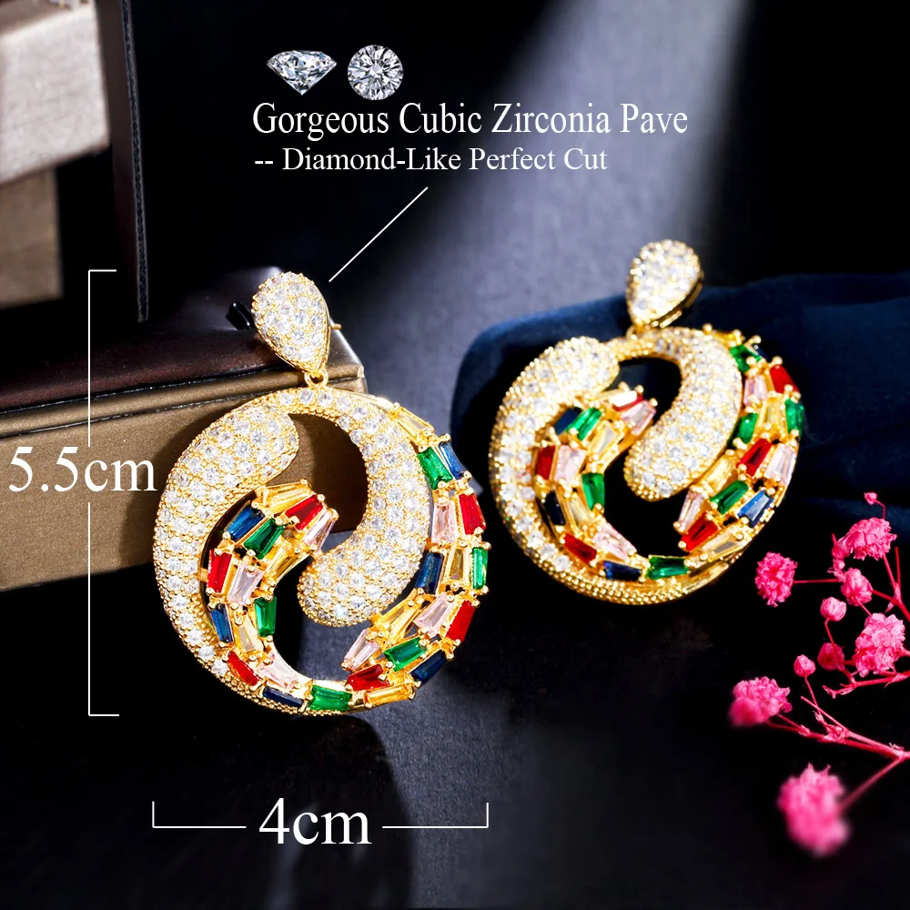 CWWZircons Glittering Multicolor Cubic Zirconia Gold Plated Statement Large Round Dangle Women Earrings for Wedding Party CZ492