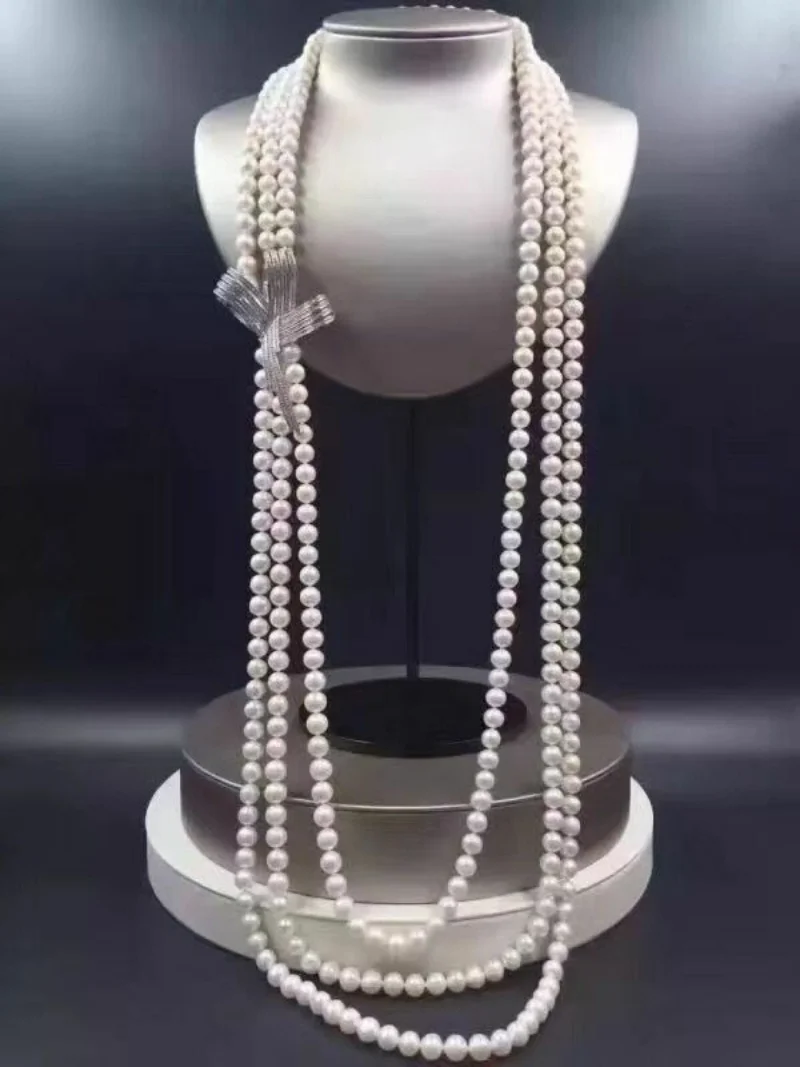 triple strands 8-9mm south sea round white pearl necklace 18-22''