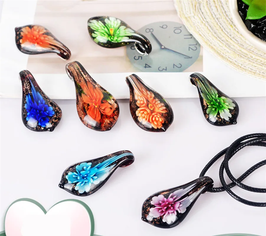 New Handmade Murano Lampwork Glass Black Matrix Flower Pendant Fit For Necklace Water Drop Shape Penholder Gifts