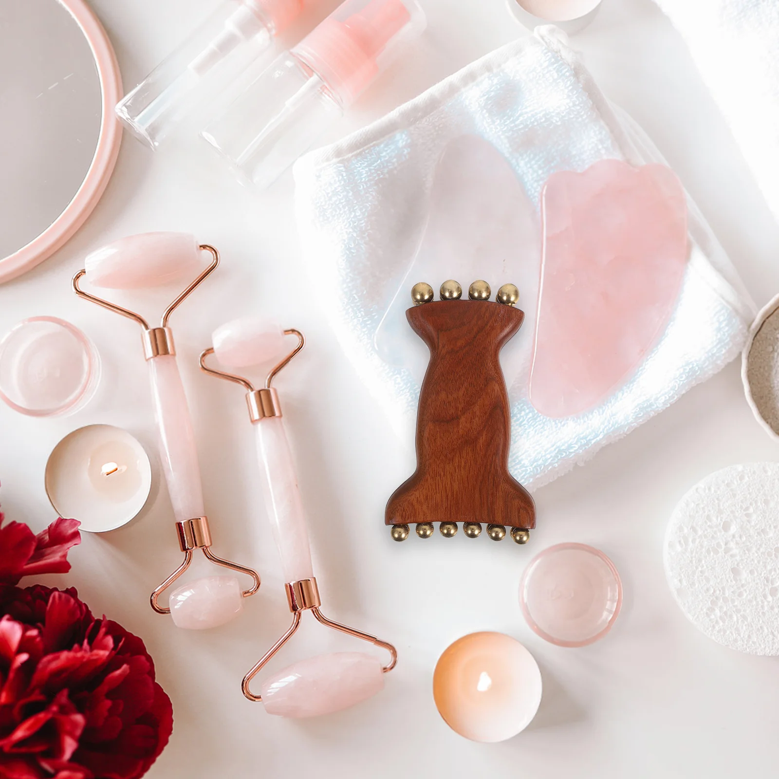 황동 구슬이 있는 샌달우드 얼굴 마사지기 수동 목재 마사지 도구 얼굴 목 괄사 지압점 이완 피부 관리