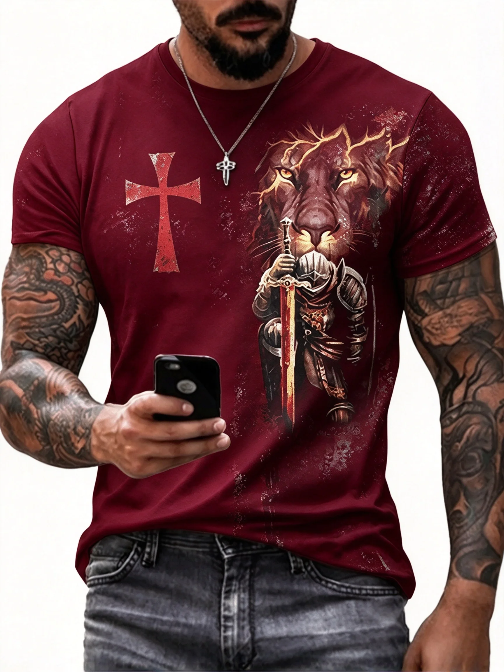 Men's Templar Knight Lion Graphic T‑Shirts, Retro Medieval Warrior Cross Print Short Sleeve Crew Neck Casual Tee For Men