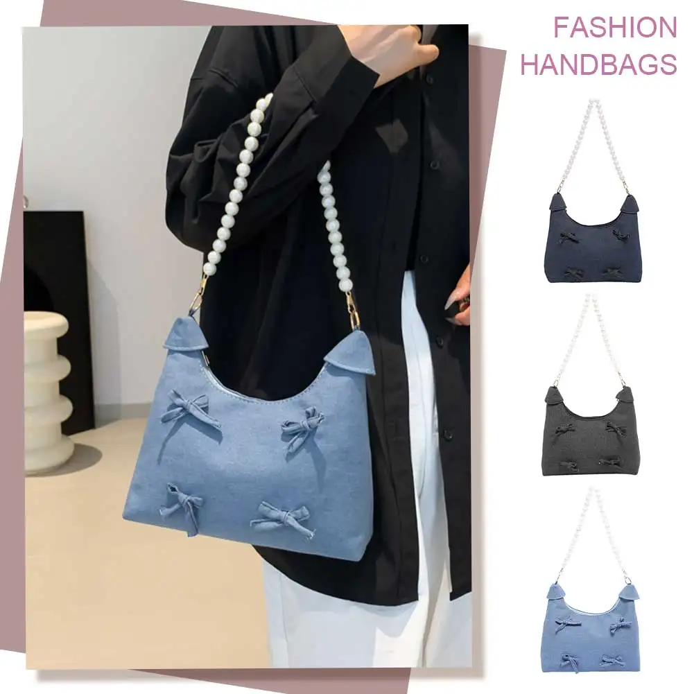 Borsa sottobraccio in denim Borsa da donna con fiocco Bowknot Borsa a mezzaluna con decorazione di perle Borsa a tracolla con tracolla a catena per viaggi di lavoro