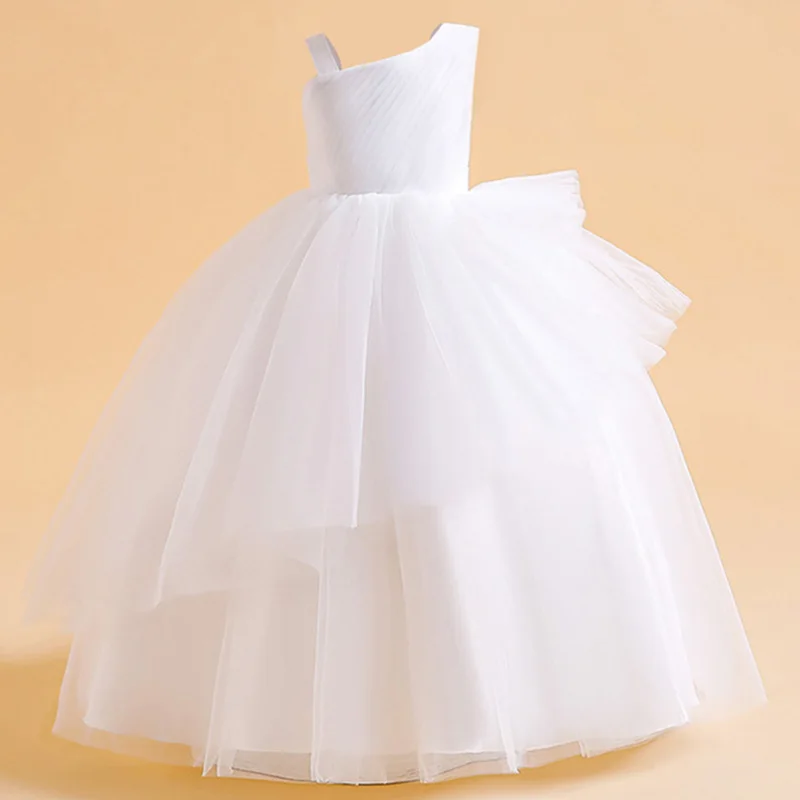 Elegant Girls Princess Dress Kids Birthday Wedding Party Layered Tulle Clothes Young Girls White Pink Evening Costume Vestidos