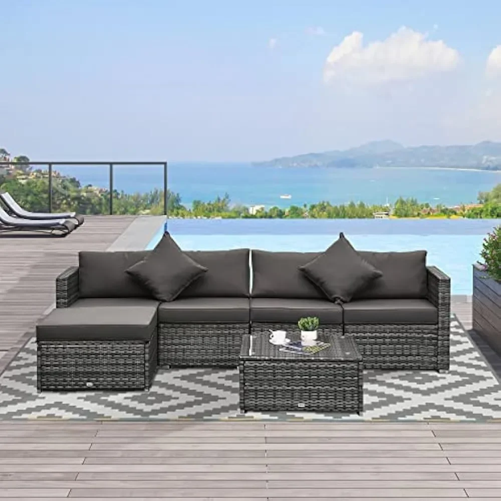 6 Piece Patio Furniture Set  Wicker All Weather PE Rattan Sectional Sofa Set, and Tempered Glass Table,Mixed Gray and Charcoal