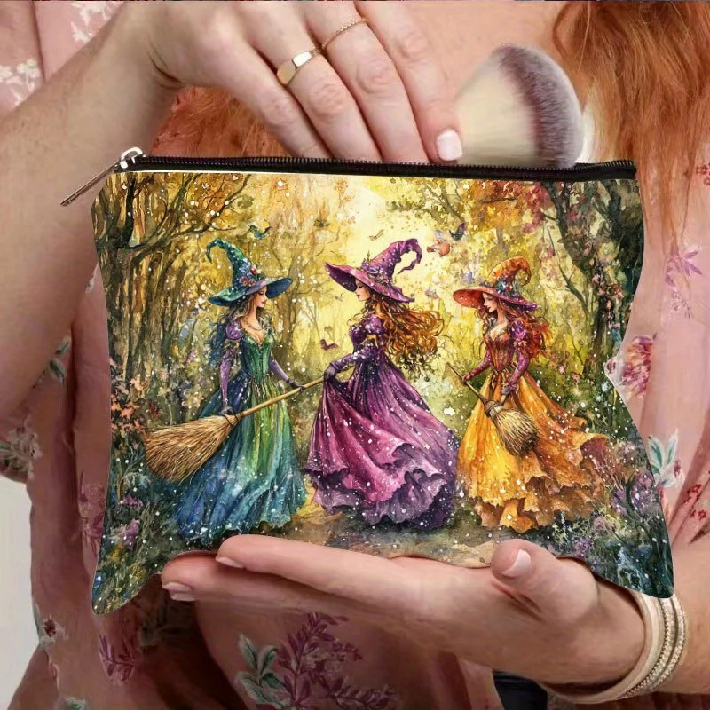 Retro Witch Resin Makeup Bag with Vibrant Autumn Forest Design, Secure Zipper Closure, Multi-Functional Travel bag