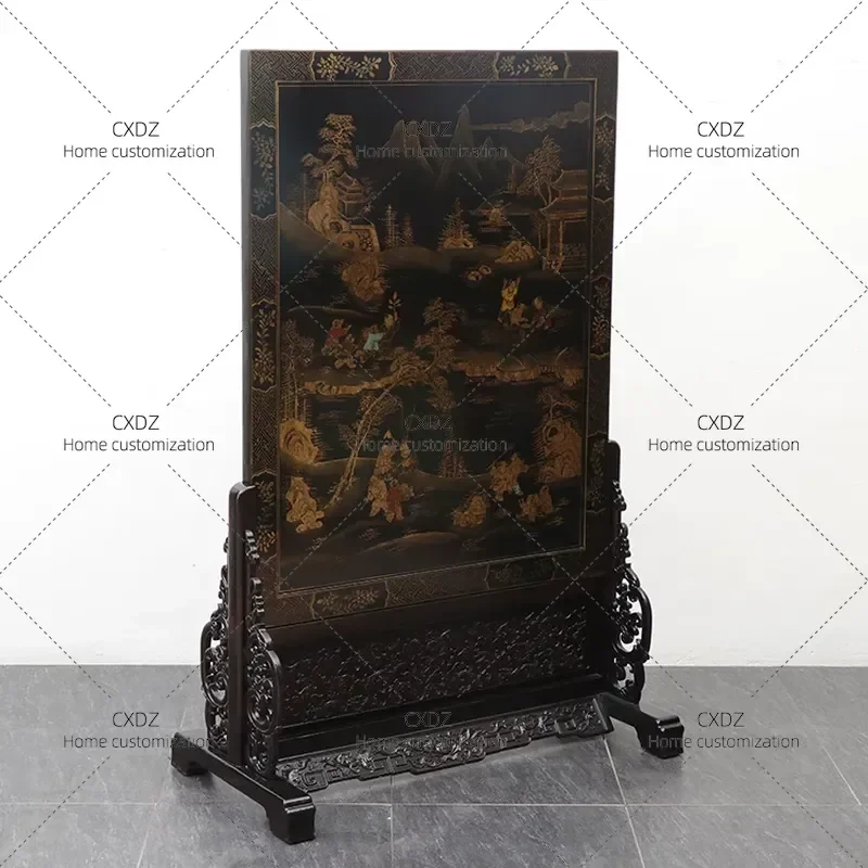 Modern Chinese Antique Classic Floor Screen Partition Solid Wood Insert Landscape Picture for Entrance Living Room Tea Room
