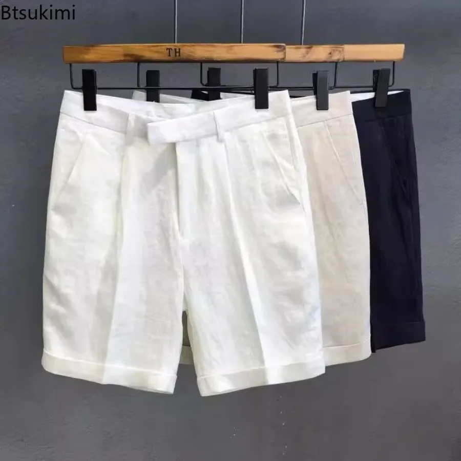 

Men's Casual Linen Shorts Summer Thin Five-Quarter Length High Waist Straight Leg Shorts Outdoor Breathable Solid Color Pants