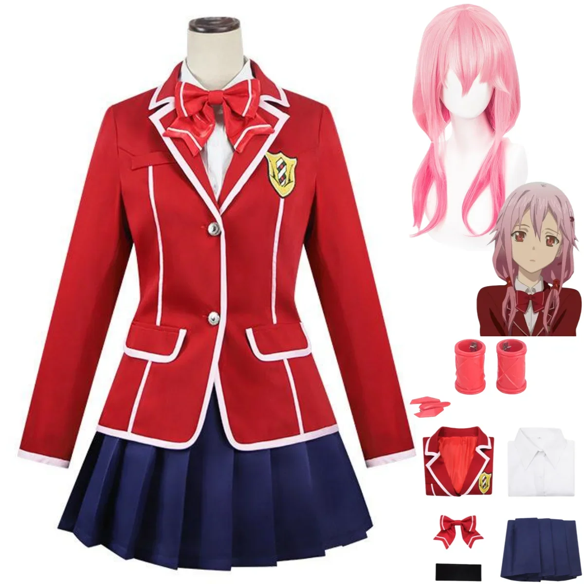 Anime Guilty Crown Yuzuriha Inori Cosplay Costume Wig Japanese Red JK School Uniforms Skirt Headwear Woman Kawaii Campus Suit