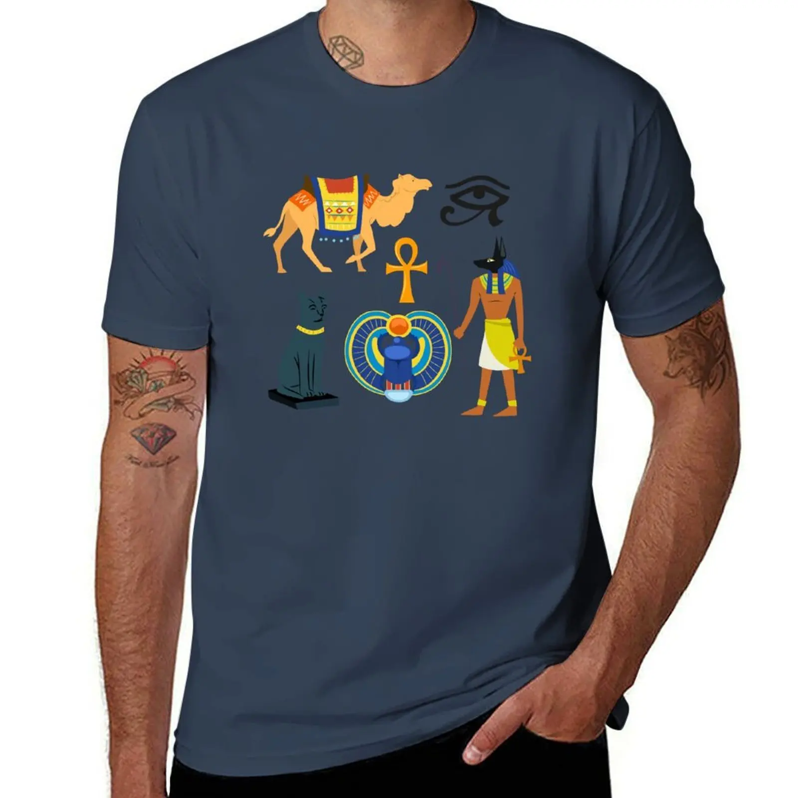

Horus, Anubis, Camel, Key of life, Bastet cat Scarab, ancient Egyptian pharaonic symbols T-Shirt man t shirts for men T-Shirt