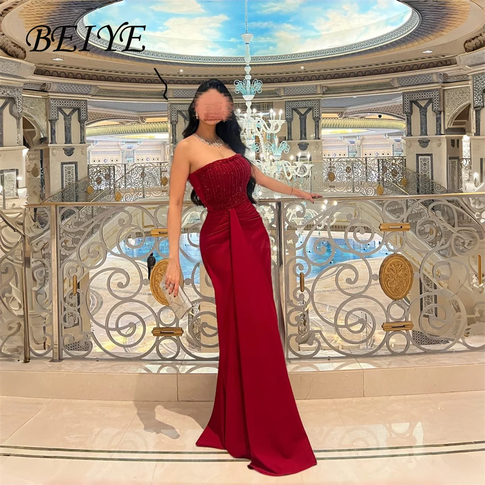 

BEIYE Modern Lace Mermaid Evening Dress Women 2026 Strapless Sleeveless Pleat Prom Dress Party Gown Customized فساتين س