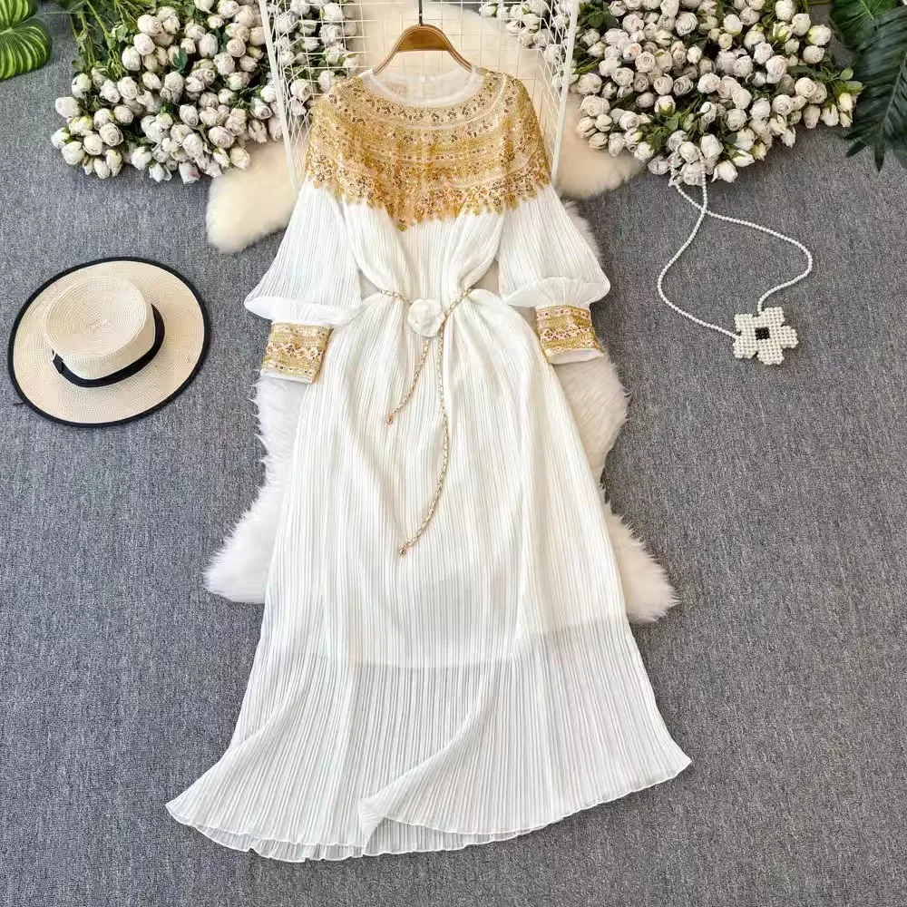 

White Beading Dress Women Elegant Long Sleeve O-neck Vintage Clothing Lady Loose Style Holiday Party Vestidos Bodycon