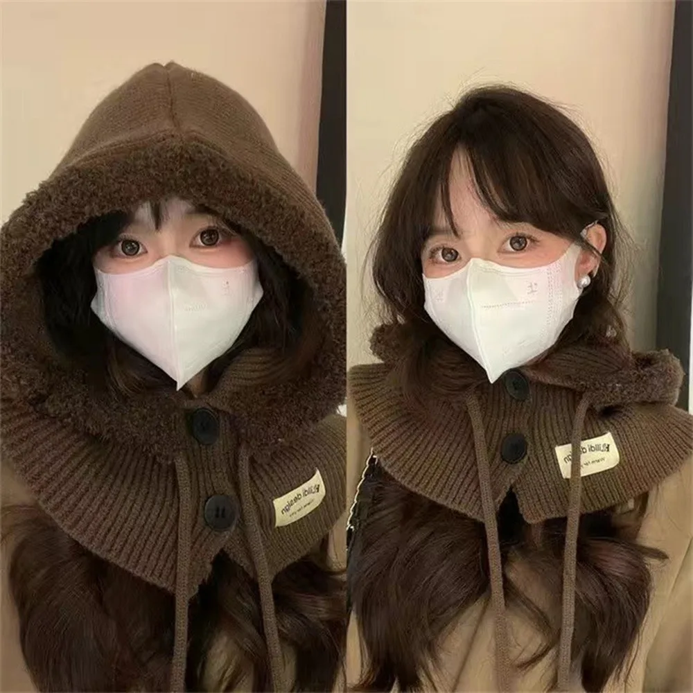 أزياء بالاكلافا قبعة دافئة يندبروف محبوك قبعة زر تصميم الرقبة حماية هود وشاح الخريف الشتاء