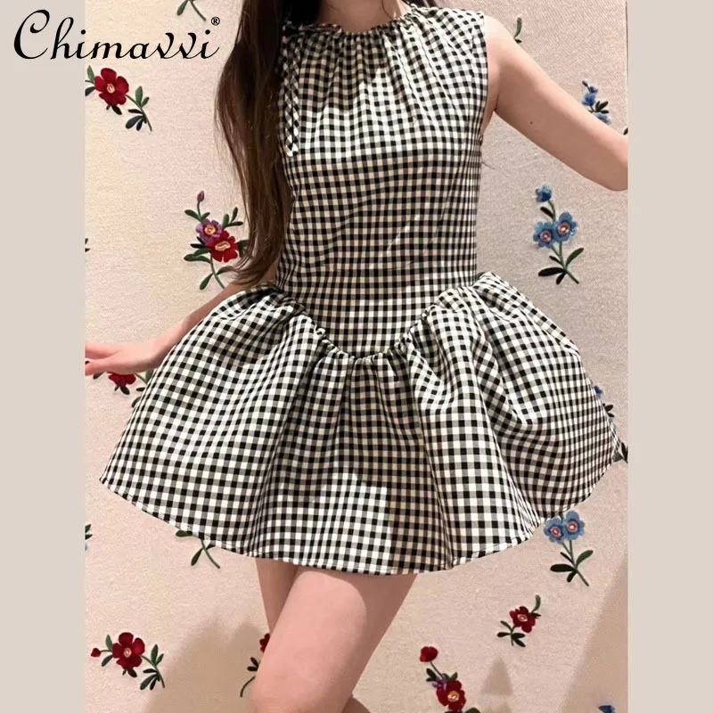 

Japanese Style Plaid Sleeveless Puffy Short Girl's Dress Fashion Round Neck Girl High Waist Slim-fit Temperamental Ladies Dress