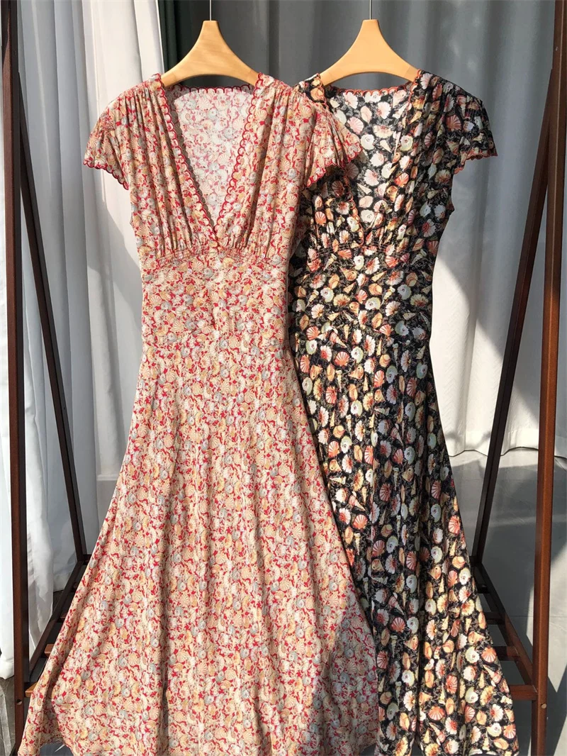 

Vintage Printed Women A-Line Dress High Waist 100% Silk Short Sleeve Deep V-Neck Ladies Slim Temperament Midi Robe