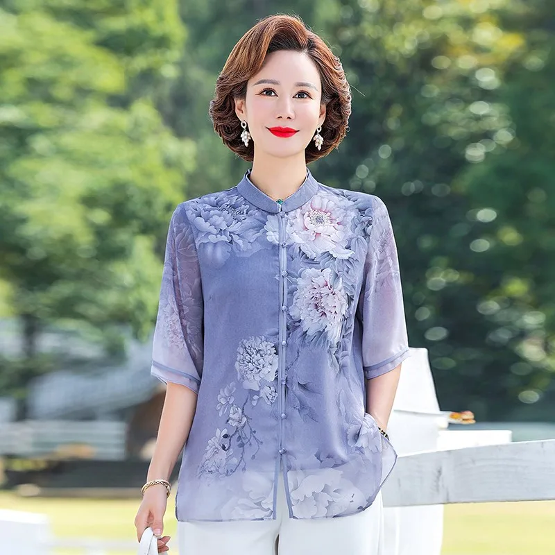 Vintage Cheongsam Collar Womens Half Sleeve Casual Printed Chiffon Blouse Summer Single-breasted Thin Loose Shirt Female