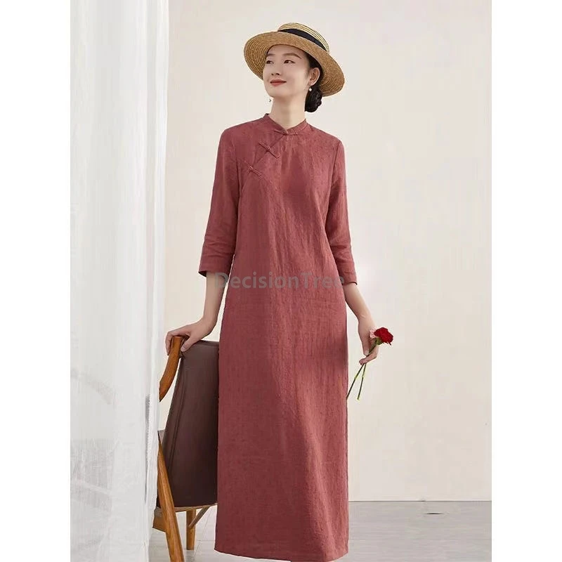 

2025 pure cotton retro literature art qipao autumn seven-point sleeved improved qipao dress elegant casual chinese women's dress