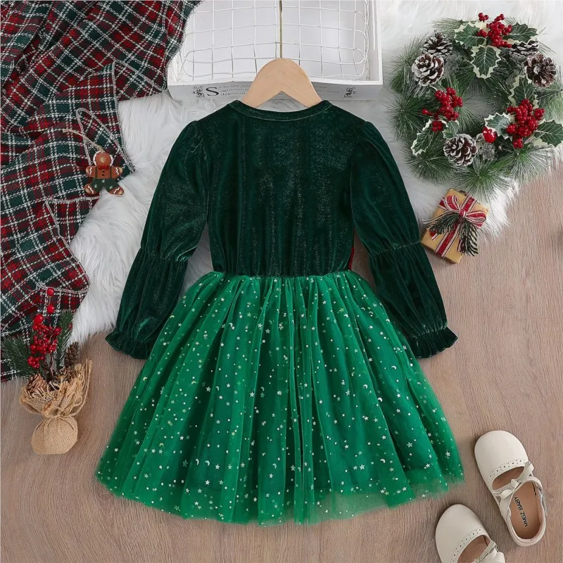 Baby Girl Princess Dress Long Sleeve Infant Toddler Child Green Vestido With Red Belt Birthday Party Christmas Baby Clothes 1-7Y