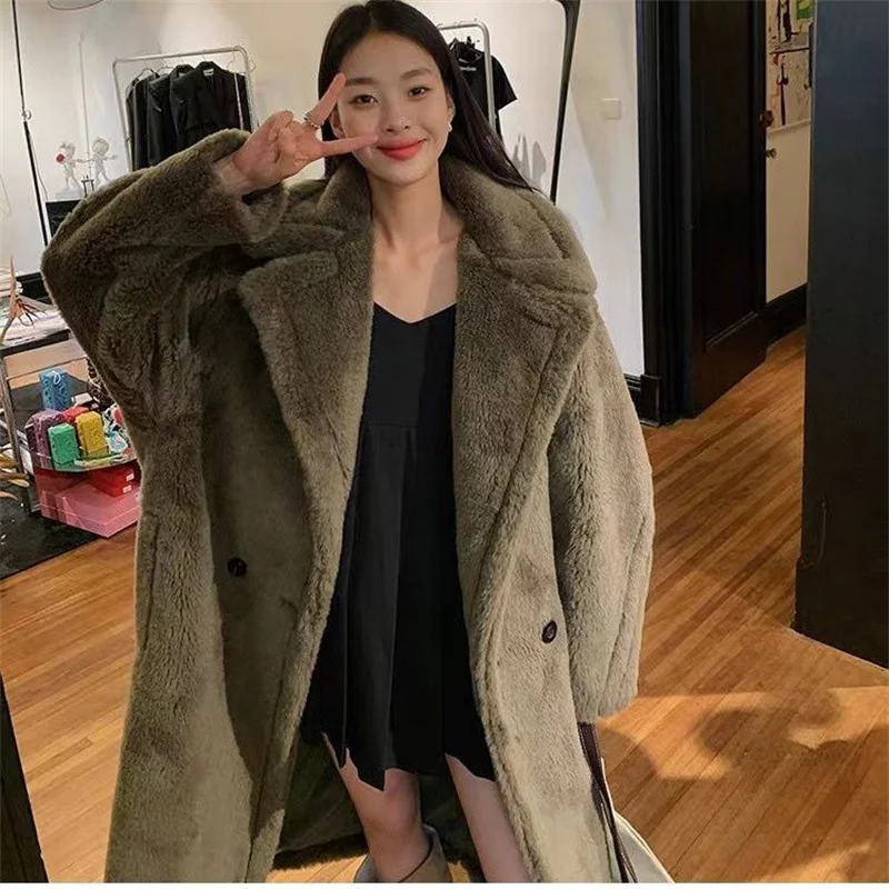 2025 Winter New Korean High end Imitation Lamb Hair Mid length Fur Coat Thickened Long Fur Fashion Coat Women's Loose Cardigan