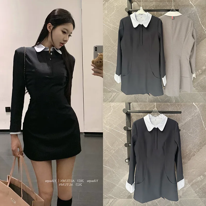 

Autumn Winter New 2024 Fashion Brand Dress High Waist Casual Office Women's Polo Collar Suit Fake Two Piece Long Sleeve Dresses