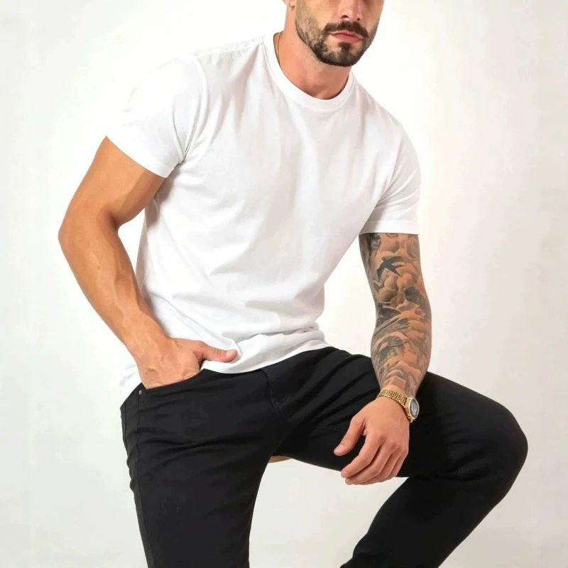 Casual Sports T-shirt Men's Elastic Summer Round Neck Slim Running Training Fitness Solid Color