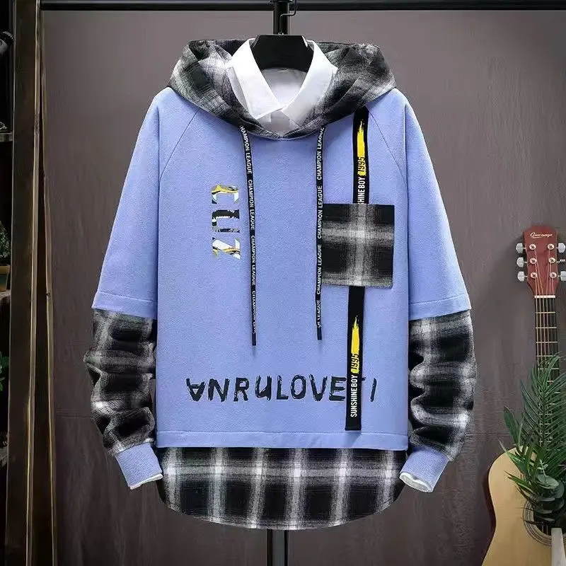 New Men\'s Clothing Hooded Long Sleeve Autumn Winter Fake Two Pieces Fashion Casual Sporty Letter Spliced Contrast Color Tops