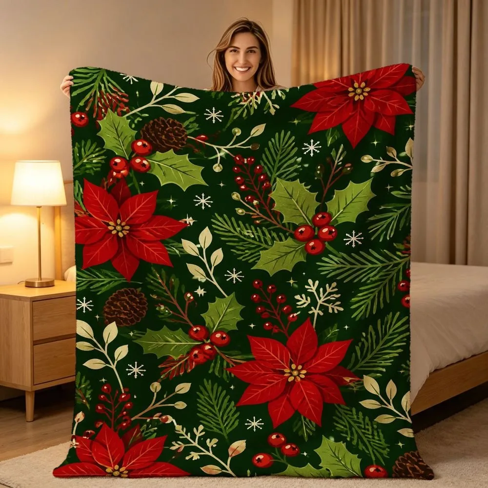 Xmas Foliage Throw Blanket Dark Green Background Poinsettia Berry Snow Print Soft Warm All Season Blanket for Sofa Couch Bedroom