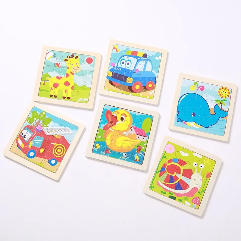 Mini Maat 11*11 CM Kinderen Speelgoed Houten Puzzel Houten 3D Puzzel voor Kinderen Baby Cartoon Dier/Verkeer Puzzels Educatief Speelgoed