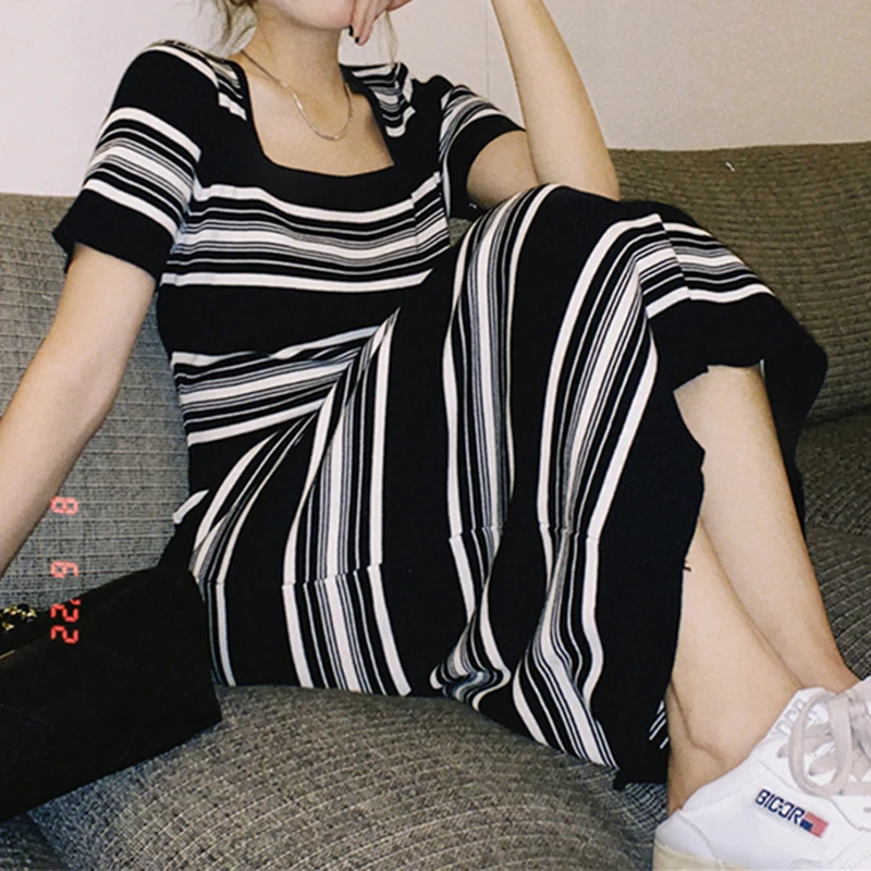 

Striped Short Sleeve Knitted Dress Women Spring Summer 2024 New Square Neck Baggy College Style Student Casual Mid-Long Dresses