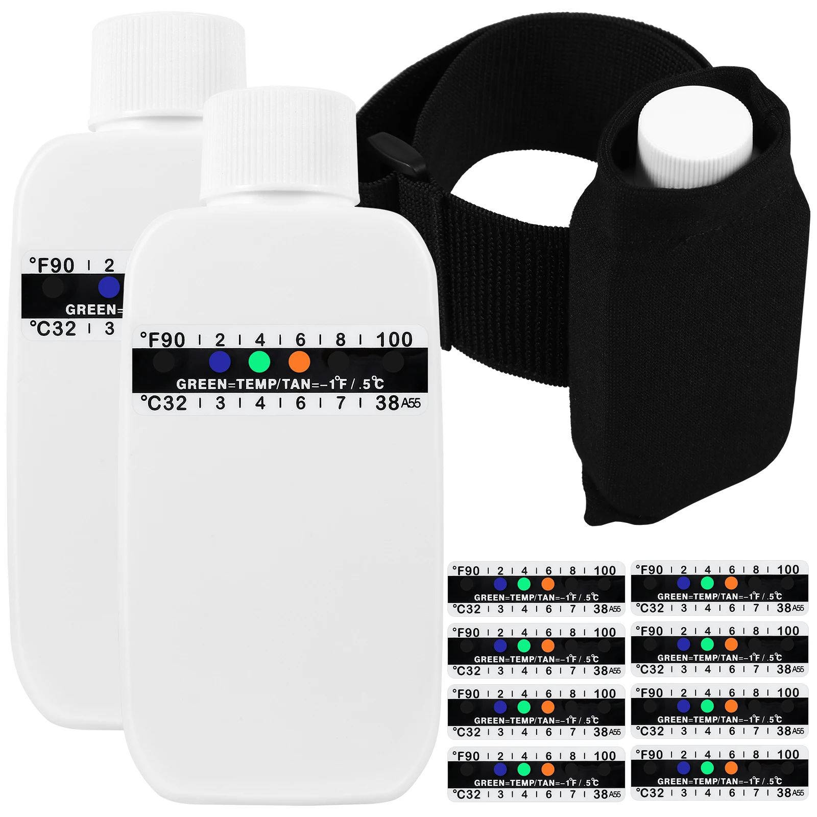 14-częściowy zestaw do testowania moczu z 2 pustymi butelkami, 10 paskami testowymi do pomiaru temperatury, opaskami na nogi i etui Oxford do użytku domowego.