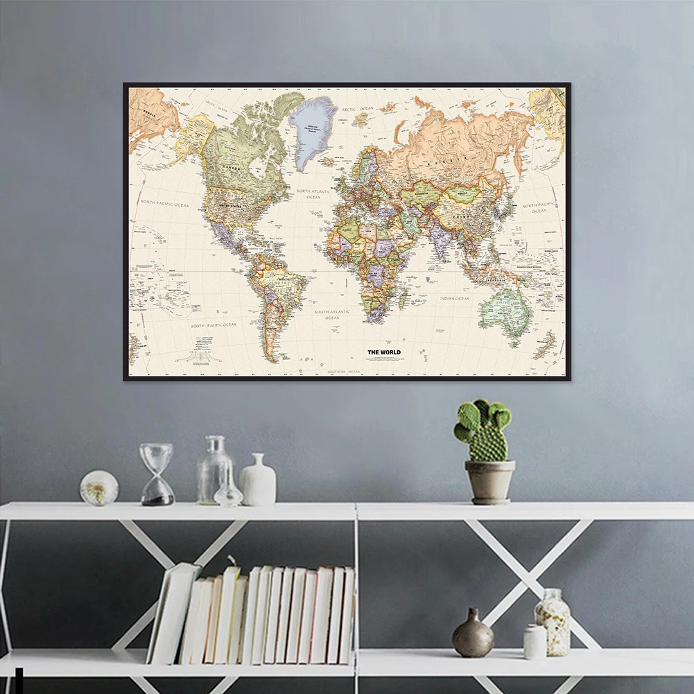 The World Map 75*50cm  with Details Vintage Canvas Painting Art Poster School Supplies Living Room Home Decorative Picture