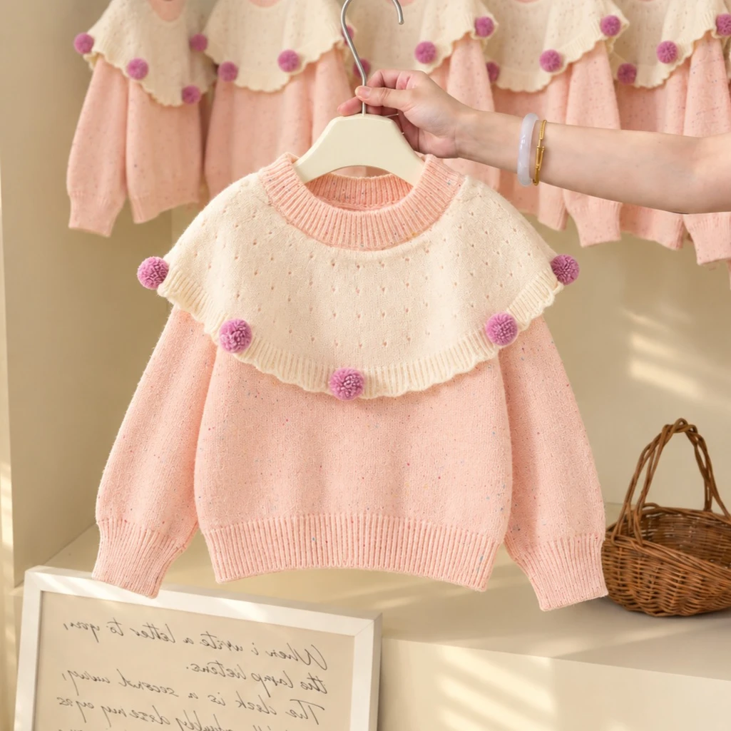 Girls Sweater 2026 Autumn and Winter New Childrens Clothing Korean Style Girl Baby Lovely Hair Ball Matching Color Lapel Sweater