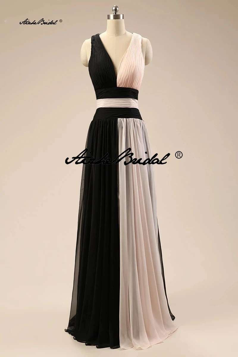 

Черно-розовые платья для выпускного вечера контрастных цветов с V-образным вырезом и перекрещивающейся спиной, шифоновые вечерние платья, длинные