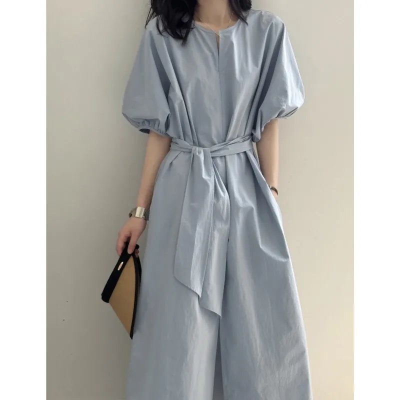 

Johnature Lazy Puff Sleeve Casual Dress Women Summer Simple Lace Loose Comfortable Women Dresses 2025 New