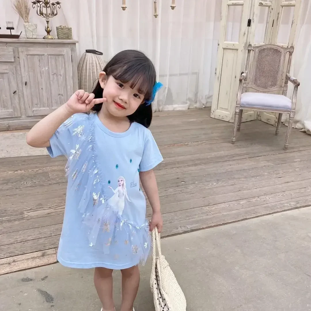 ديزني فروزن إلسا الأميرة تنورة الصيف الفتيات أزياء شبكة الكرتون اللباس الطفل ميدي قصيرة الأكمام تي شيرت