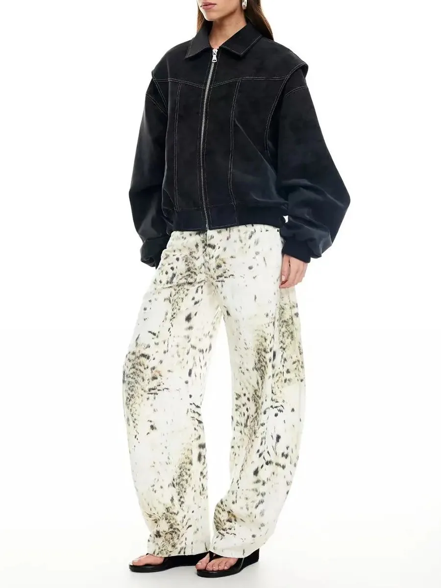 TWOTWINSTYLE Moderne Retro Herbst Lose Mäntel für Frauen Revers Langarm Patchwork Zipper Gepolsterte Schultern Mode Jacke Weibliche