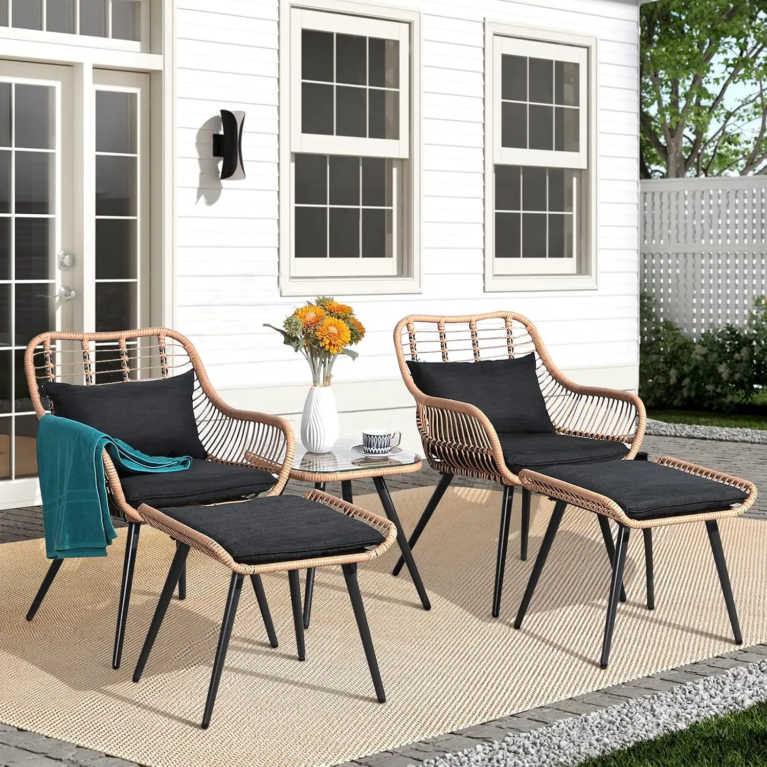 

Wicker Outdoor Patio Set with Enhanced Comfort Seating, Round Glass Top Coffee Side Table, Patio Rattan Conversation Set