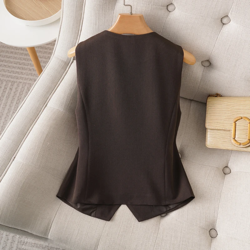 Fashionable Round Neck Sleeveless Suit Vest for Women Spring and Autum Single-Breasted Short Vest Elegant Women's Top Outer Wear