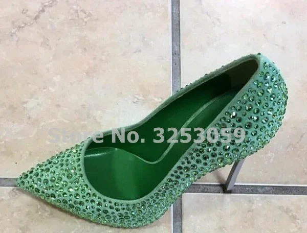 ALMUDENA Rood Groen Bling Bling Kristallen Trouwschoenen Metalen Dunne Hak Glinsterende Strass Bruidspompen Stiletto Hakken Dropship