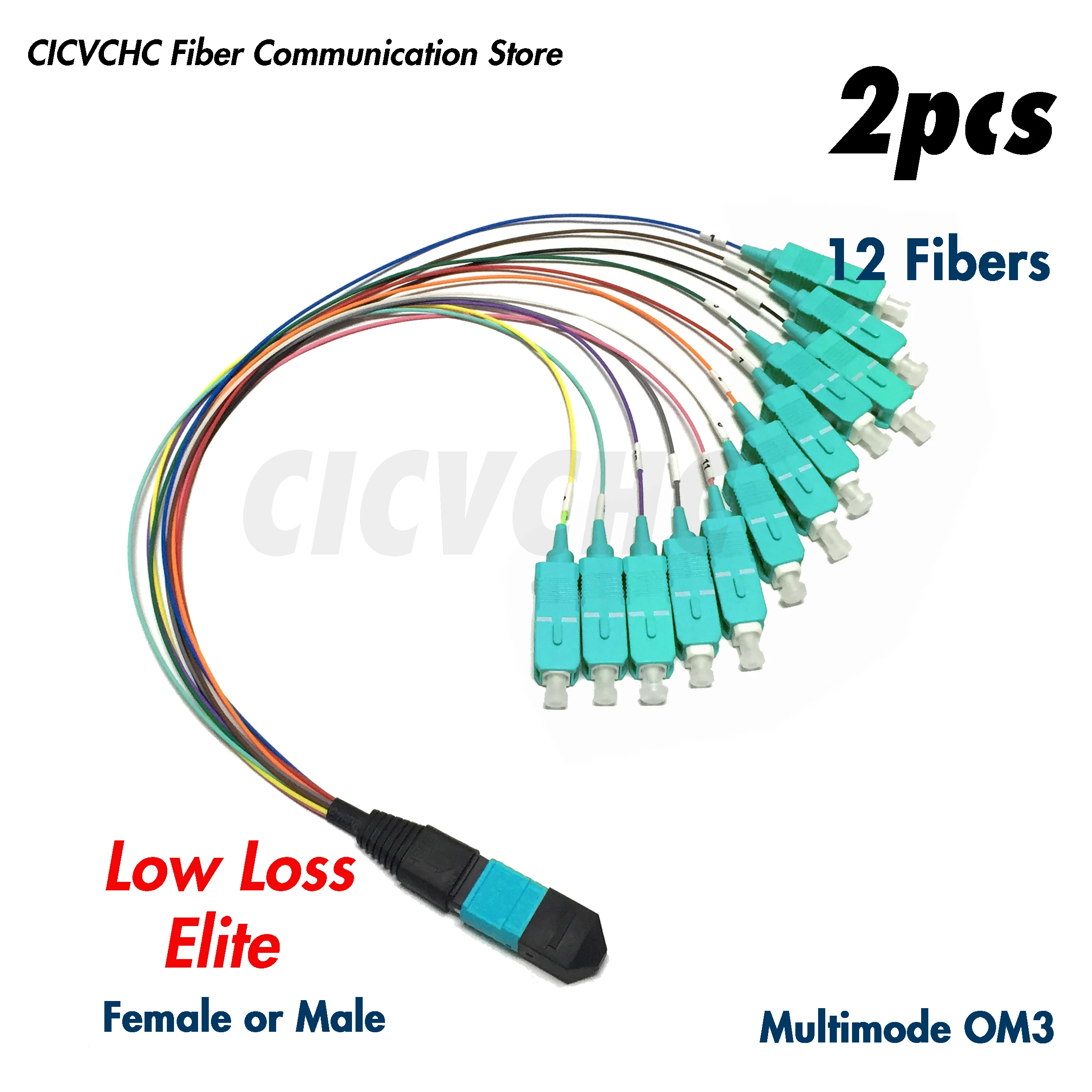 

2pcs 12Fibers MPO/UPC - SC/UPC-Harness cable-MM OM3-0.35m 0.9mm colored tube-Elite/Low Loss-Male/Female