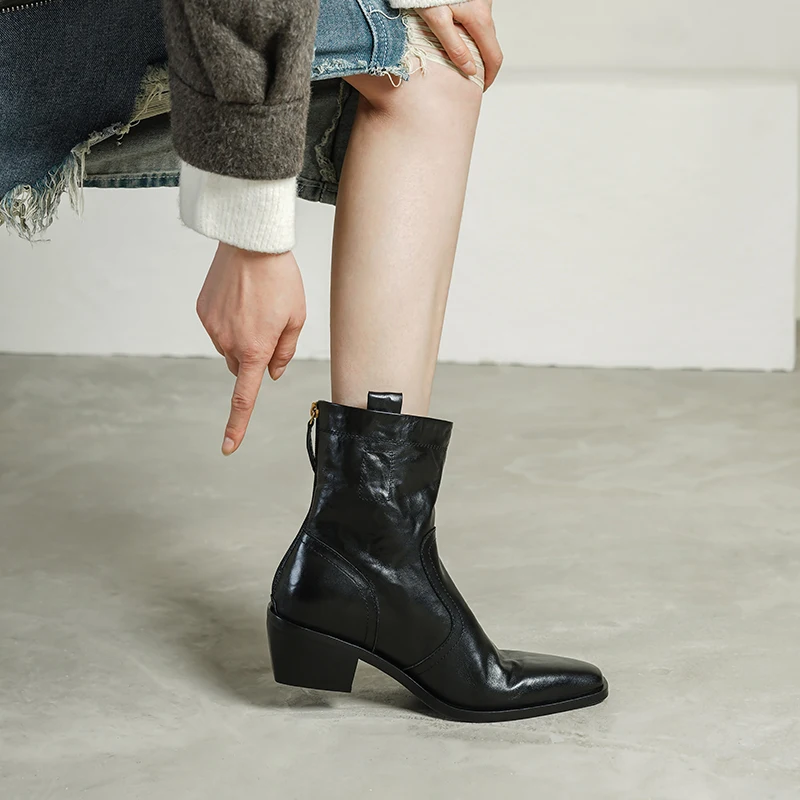 2027 Autumn Winter Western Boots Women Genuine Leather Ankle Boots Pointed Toe Block Heel Ladies Slip-On Shoes Handmade Pumps