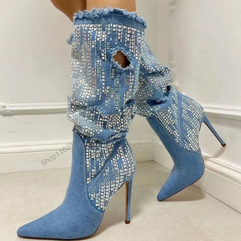 Blue Denim Crystal Decor Hollow Design Pointed Toe Boots Slip On Women Shoes Thin High Heels New Runway 2023 Zapatos Para Mujere